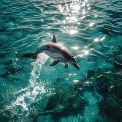 Naklejka premium a jumping dolphin in pristine, crystal clear waters.