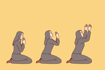 Praying catholic woman in christian cassock and headscarf kneels in different positions during worship in church. Praying nun repents to god for previously committed sins, performing religious ritual - 785545728