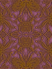 Seamless pattern, ornament with openwork symmetrical volumetric lace, created in the style of applique or embroidery on fabric, plain on a colored background. Suitable for interior, wallpaper, fabrics