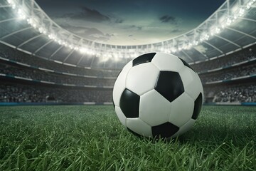 Pic Soccer ball on the field grass green stadium background photo, depicting the excitement of soccer matches