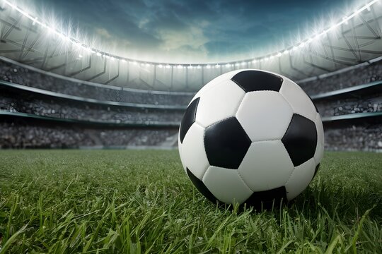 Pic Soccer ball on the field grass green stadium background photo, depicting the excitement of soccer matches