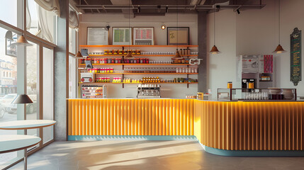 Colored coffee shop interior with bar counter and cash desk, panoramic window