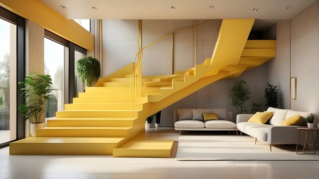 A photorealistic image of a modern interior featuring sleek yellow stairs leading to an upper level. The interior design is contemporary, with clean lines and minimalist decor. Soft ambient lighting e