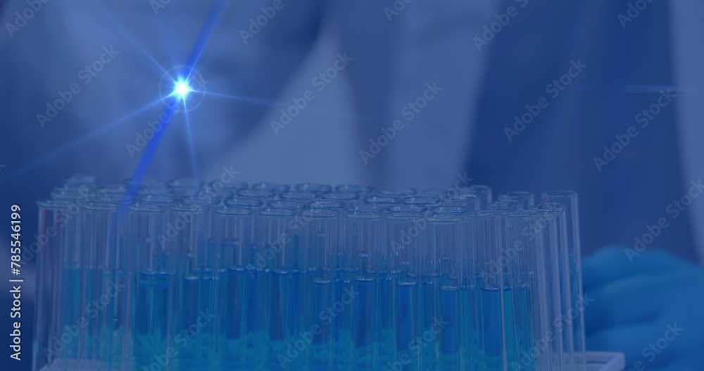 Poster image of data processing over scientist with pipette in lab
