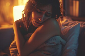Woman with menstrual cramps, hugging her abdomen, soft lighting, visible discomfort 02 - obrazy, fototapety, plakaty
