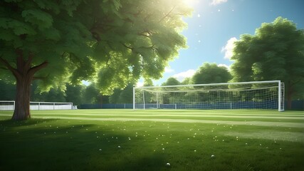 A photorealistic image of a dewy football pitch surrounded by lush foliage under a clear sunny sky. The scene captures the vibrant green of the grass, with droplets of dew sparkling in the sunlight. T - obrazy, fototapety, plakaty