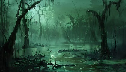 Enveloped in ominous fog, a cursed swamp teems with vengeful spirits and lurking dangers, its eerie atmosphere shrouded in darkness