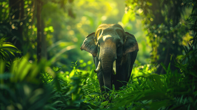 Endangered elephant tropical rainforest amidst lush greenery under threat from deforestation and poaching Realistic sunlight dep