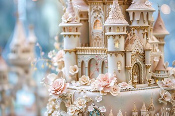 Up-close perspective of a whimsical fairytale wedding cake adorned with fondant castles, enchanted creatures, and cascading sugar flowers, capturing the magic and wonder of a storybook romance 02