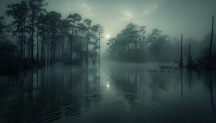 Enveloped in ominous fog, a cursed swamp teems with vengeful spirits and lurking dangers, its eerie atmosphere shrouded in darkness - obrazy, fototapety, plakaty