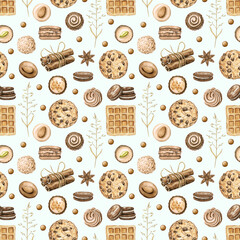 Seamless pattern with cinnamon, chocolate candies, cookies and waffles on green blue background. Watercolor hand drawn illustration