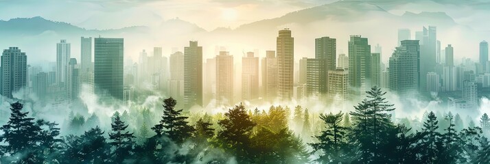 Panoramic banner of downtown city center double exposure overlay with green forest