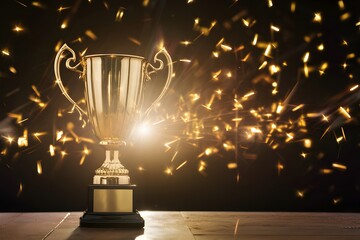 Shiny gold trophy on table illuminated for achievement celebration, symbolizing success and recognition