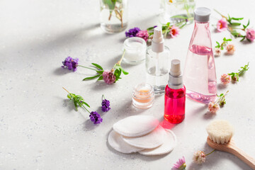 skincare products and flowers. zero waste eco friendly natural cosmetics for home spa