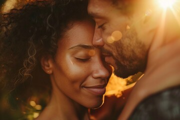 Up-close perspective of a diverse couple sharing a final embrace, their faces illuminated by sunlight, conveying the bittersweet emotions of divorce, yet hinting at newfound freedom 03 - obrazy, fototapety, plakaty