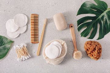 zero waste eco friendly hygiene bathroom concept. wooden toothbrush reusable pads wood buds brush