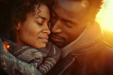 Up-close perspective of a diverse couple sharing a final embrace, their faces illuminated by sunlight, conveying the bittersweet emotions of divorce, yet hinting at newfound freedom 02