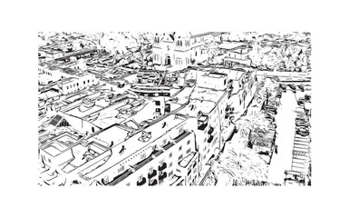 Print Building view with landmark of Santa Fe is the capital in New Mexico. Hand drawn sketch illustration in vector.