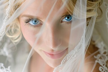 Up-close perspective of a blonde bride's blue eyes shining with anticipation as she dons her veil,...