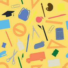 School Supplies Pattern - School Items Silhouette on Yellow Background. Pencil, Eraser, Sharpener, Rulers, Backpack, Scissor, Pens, Calculator, Bus and others. Seamless Link.