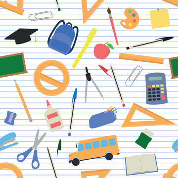School Supplies Pattern - Assorted School Items on Notebook Paper Background. Pencil, Eraser, Sharpener, Rulers, Backpack, Scissor, Pens, Bus and others. Seamless Link.