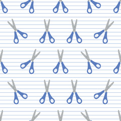 School Pattern - Scissors Repetition on Notebook Paper Background. Seamless Link.