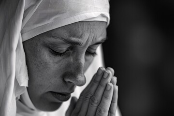 Tender moment captured in a nun's prayer, her eyes closed in devotion as she communicates with a...