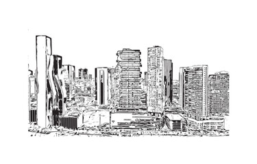 Print Building view with landmark of Santa Fe is the capital in New Mexico. Hand drawn sketch illustration in vector.