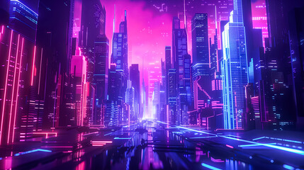 Urban landscape with neon lights and futurism The sky is a mix of pink and blue. Wireless technology connection, limitless, communicate all over the world.