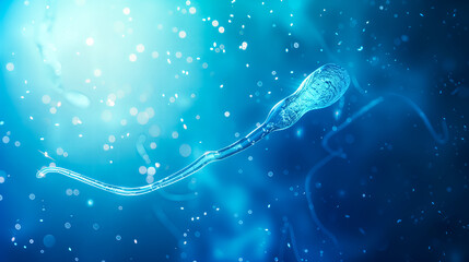 Blue and white image of sperm cells. The picture is not clear as imagined. - obrazy, fototapety, plakaty