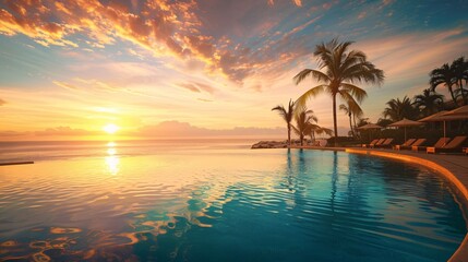 Softly focused view of a posh hotel pool overlooking a breathtaking beach at sunset, no one in sight 02