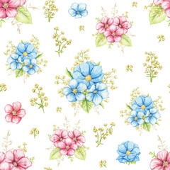 Seamless pattern with vintage greenery, blue and pink flowers isolated on white background. Watercolor hand drawn illustration