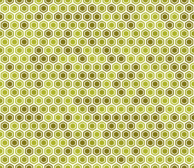 Abstract Mosaic Background. Bold rounded hexagon cells with padding and inner solid cells. Olive color tones. Hexagon geometric shapes. Seamless pattern. Tileable vector illustration.