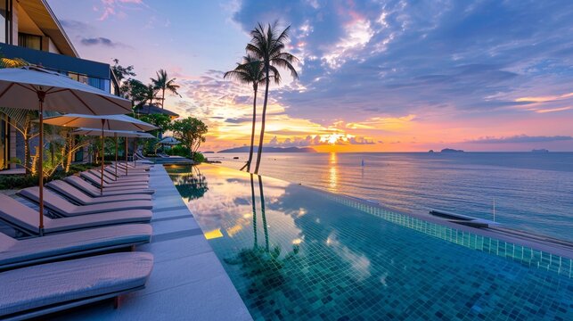 Obscured view of a deluxe hotel pool overlooking a serene beach at sunset, no one in the image