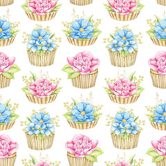 Seamless pattern with bouquets with pink and blue flowers in cupcakes isolated on white background. Watercolor hand drawn illustration