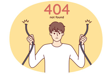 Eror 404 with sad man holding broken wire in hands and having trouble accessing internet site. Guy with damaged network cable symbolizing web error when trying to access server - 785547353