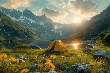 Beautiful campsite. Warm sunlight shine through the mountains onto green field. The lake and tranquil valley are visible in the background. We will experience an adventure amidst the beauty of nature. - obrazy, fototapety, plakaty