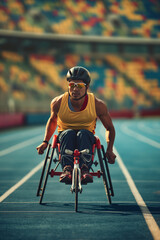 Disabled athlete on the stadium. Portrait of disabled professional sportsman on a wheelchair, on the competition, Olympic games or championship.