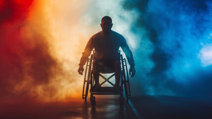 Disabled athlete on the stadium. Portrait of disabled professional sportsman on a wheelchair, on the competition, Olympic games or championship.