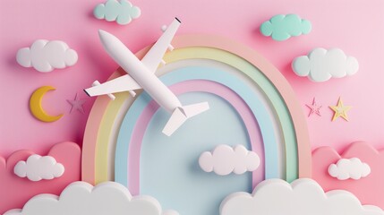 Plane and rainbow paper-cut  light pink, light blue, - obrazy, fototapety, plakaty