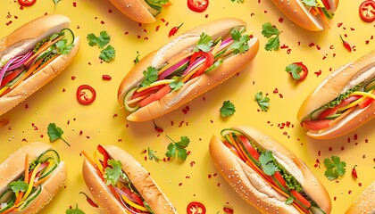 Delicious Vietnamese banh mi sandwiches, a fusion of French and Vietnamese flavors, packed with savory fillings like grilled meats, pickled vegetables, and fresh herbs, served in a crispy baguette