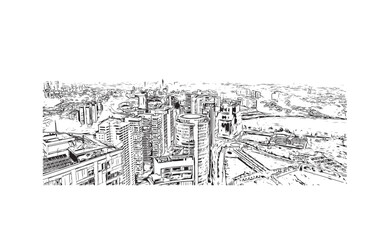 Print Building view with landmark of Santa Fe is the capital in New Mexico. Hand drawn sketch illustration in vector.