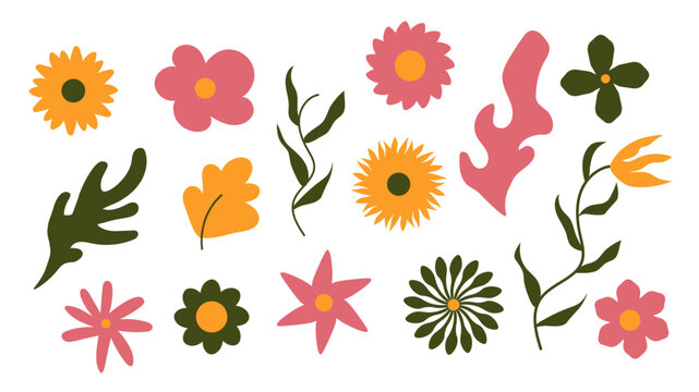Set de fleurs et feuilles vectorielles avec des formes fluides et color&eacute;es
