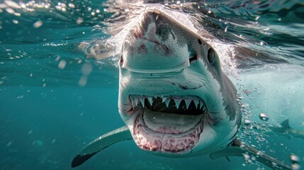 dangerous shark with jaw open on sea - obrazy, fototapety, plakaty