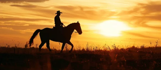 Fotobehang man riding a horse in at sunset © pector