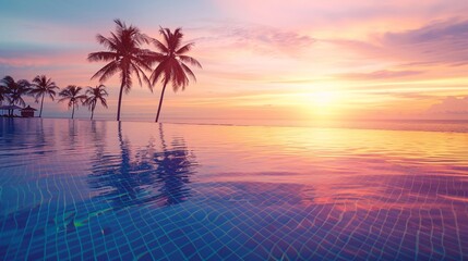 Indistinct image of a high-class hotel pool with a vista of a calm beach at sunset, nobody around 01