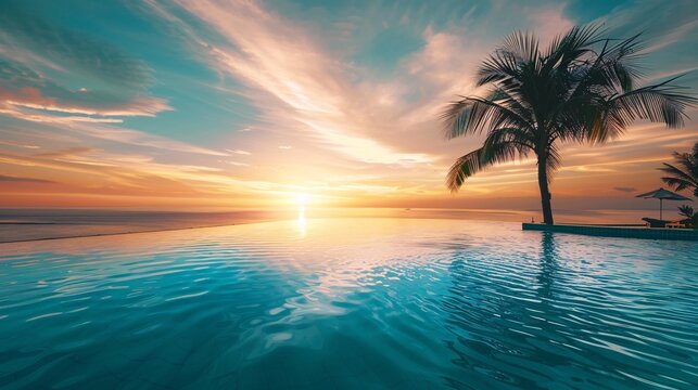 Indistinct image of a high-class hotel pool with a vista of a calm beach at sunset, nobody around 03
