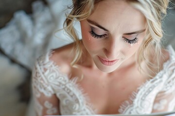 Detailed shot of a blonde bride's blue eyes welling up with tears of happiness as she reads a heartfelt letter from her soon-to-be spouse on her wedding morning, surrounded by bridal accessories - obrazy, fototapety, plakaty