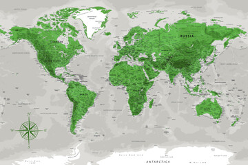 World Map - Highly Detailed Vector Map of the World. Ideally for the Print Posters. Emerald Green Grey Colors. With Relief and Depth