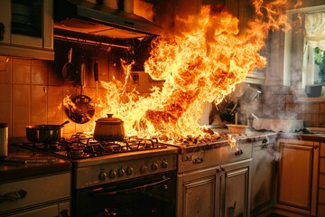 Detailed shot contemporary kitchen on fire flames raging inferno destruction 02 - obrazy, fototapety, plakaty